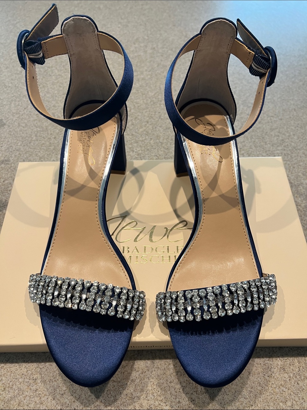 ❤️ Jewel by Badgley Mischka- James Navy Satin Crystal Strap Block Heels